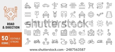 Road line icon set. Road sign, fence, highway, highway and car traffic. Outline icon collection