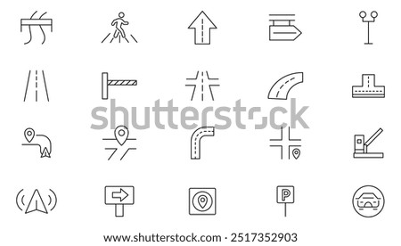 Road line icon set. Road trip path, trail, home marker, journey, compass, globe, country, geography, tourism, Street, transport, directions, drive, crosswalk line icon set. UI thin line icon pack.