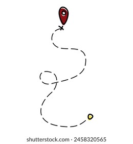 Road Line path Vector icon of Route with Start point and dash line trace. Outline or Doodle Illustration of Transport distance with Tag or Pin Symbol. Design Element, Vacation and Travelling concept.