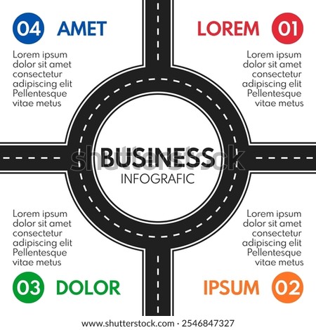 road line with ring crossroad and 4 different exits, vector infographics template