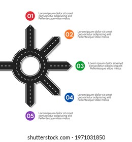 road line with ring crossroad and 5 different exits, vector infographics template