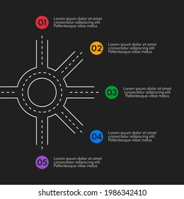 road line with ring crossroad and 5 different exits, vector infographics template, dark background