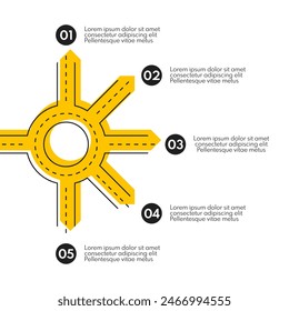 road line with ring crossroad and 5 different exits, yellow vector infographics template, white background