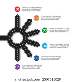 road line with ring crossroad and 65 different exits, vector infographics template