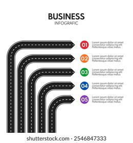 Giro de la línea de carretera con 5 salidas diferentes, Plantilla de infografías de Vector