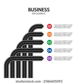 road line turn with 5 different exits, vector infographics template