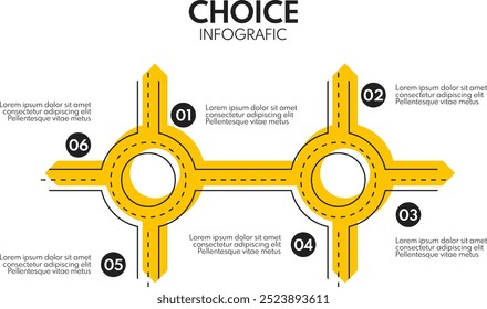 linha de estrada com duas encruzilhadas de anéis e 6 saídas diferentes, modelo de infográficos vetoriais