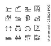 Road, linear style icons set. High-speed toll road. Freeway. Checkpoint. Infrastructure and service. Road with a dividing strip and interchanges. Payment terminal, barrier. Editable stroke width