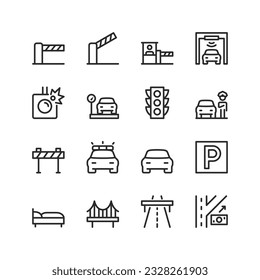 Road, linear style icons set. High-speed toll road. Freeway. Checkpoint. Infrastructure and service. Road with a dividing strip and interchanges. Payment terminal, barrier. Editable stroke width