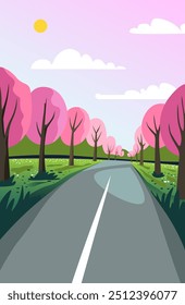 Un camino bordeado de árboles de color rosa en una Ilustración vectorial de estilo plano. Perfecto para diseños relacionados con el paisaje y los viajes.