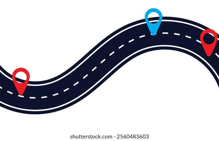 Road with location mark. Route infographic. Navigation path. Roadway traffic infographic. Vector icon current background. Vector illustration. EPS 10