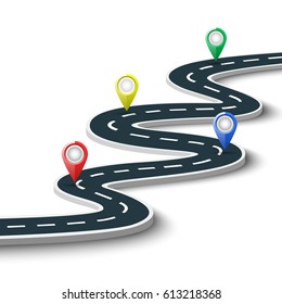 Road with location marks on white background. Vector illustration.