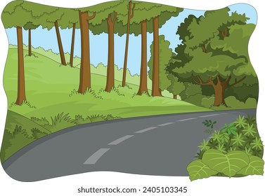 Road with lush green trees on both sides vector illustration