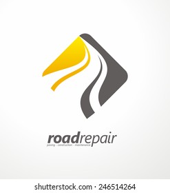 Road maintenance creative sign concept. Paving logo design template. Construction vector icon idea with highway in negative space. Transportation and traffic theme.