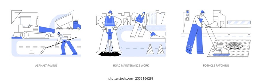 Road maintenance and repair abstract concept vector illustration set. Asphalt paving, road maintenance work, pothole patching, asphalt construction, industrial engineering abstract metaphor. svg