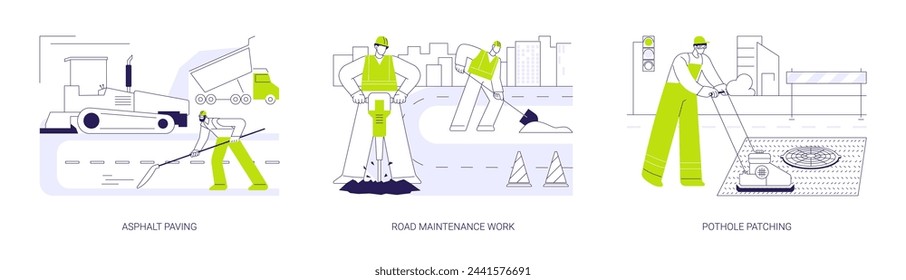 Road maintenance and repair abstract concept vector illustration set. Asphalt paving, road maintenance work, pothole patching, asphalt construction, industrial engineering abstract metaphor.