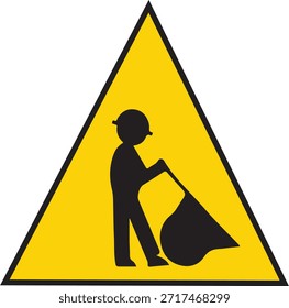 Sinal de trânsito de aviso de manutenção de estrada com o trabalhador carregando o saco no fundo do triângulo amarelo - Símbolo de cuidado de construção e limpeza, alerta de homens no trabalho, sinalização de segurança de manutenção de rua urbana e estrada, ícone de aviso de transporte para conscientização da zona de trabalho.