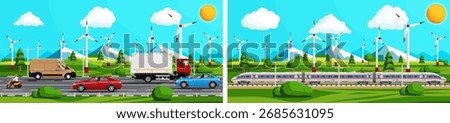 Road with man driver in delivery van, woman driver in scooter, and man driver in car plus train on a track. Green energy landscape.