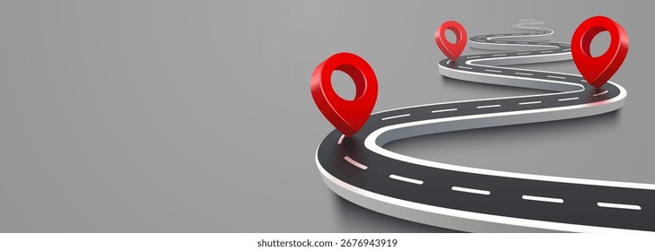 Road map with 3d location pin icon symbol or gps travel route navigation markers and transportation place pointer. Vector illustration