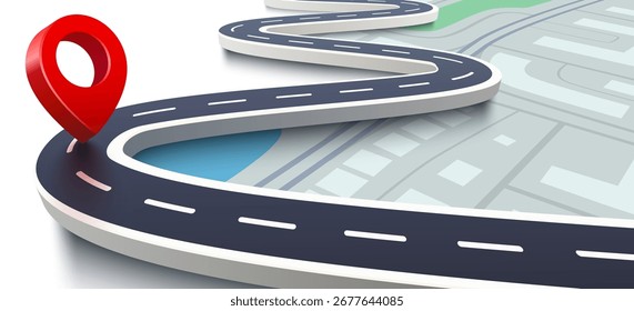 Mapa com símbolo de ícone de pino de localização 3d ou marcadores de navegação de rota de viagem gps e ponteiro de local de transporte. Ilustração vetorial