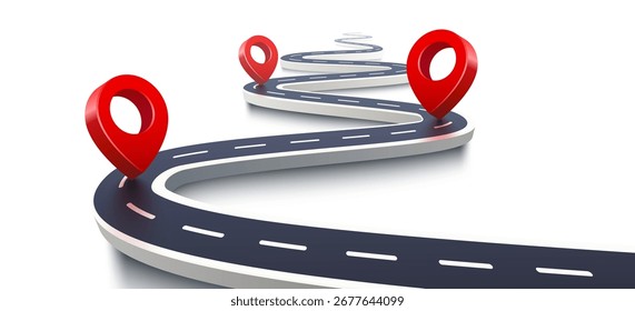 Road map with 3d location pin icon symbol or gps travel route navigation markers and transportation place pointer. Vector illustration