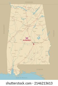 Hoja de ruta de Alabama, Estado Federal Estadounidense. Mapa de transporte altamente detallado con carreteras y carreteras estatales, ríos y ciudades para ilustración de vectores de navegación o logística