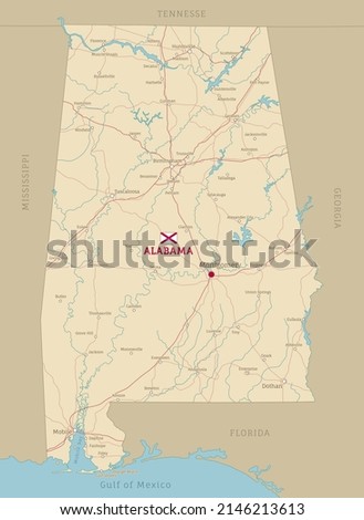 Road map of Alabama US American Federal State. Highly detailed transportation map with highway and state roads, rivers and cities for navigation or logistics vector illustration