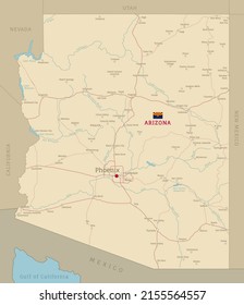 Road map of Arizona, US American Federal State. Highly detailed transportation map with highway and interstate roads, rivers and cities for navigation or logistics realistic vector illustration