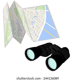 Road map and black binoculars vector set, travel icons
