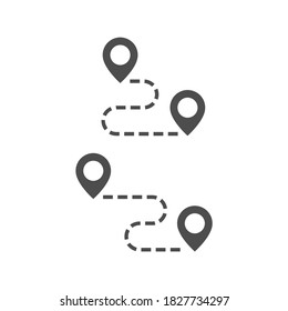 Road map black vector icon. Location pin with dashed route line glyph symbol.