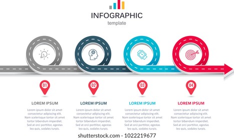 Road Map Business Timeline With 4  Options, Parts, Steps Or Processes. Circular Corporate Timeline Infograph Elements. Modern Vector Info Graphic Design.