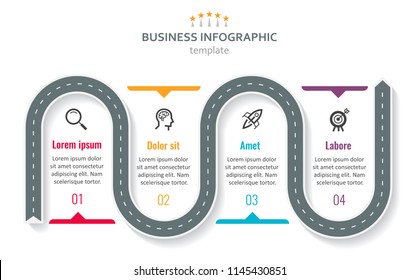 Road Map Business Timeline With 4 Options, Parts, Steps Or Processes. Circular Corporate Timeline Infograph Elements. Modern Vector Info Graphic Design.