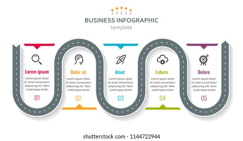 Road map business timeline with 5 options, parts, steps or processes. Circular corporate timeline infograph elements. Modern vector info graphic design.