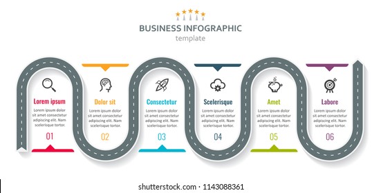 Road Map Business Timeline With 6 Options, Parts, Steps Or Processes. Circular Corporate Timeline Infograph Elements. Modern Vector Info Graphic Design.