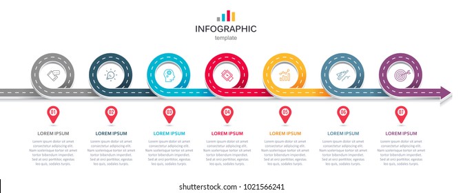 Road map business timeline with 7 options, parts, steps or processes. Circular corporate timeline infograph elements. Modern vector info graphic design.