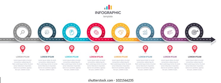 Road Map Business Timeline With 8  Options, Parts, Steps Or Processes. Circular Corporate Timeline Infograph Elements. Modern Vector Info Graphic Design.