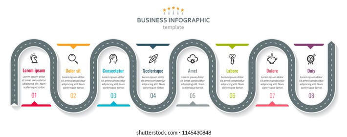 Road map business timeline with 8 options, parts, steps or processes. Circular corporate timeline infograph elements. Modern vector info graphic design.