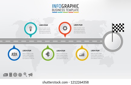 Road Map Business Timeline Info Graphics Template For Presentation With Checkered Flag, 5 Steps, Options, Processes. Vector Illustration.