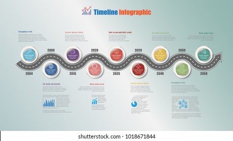 Road map business timeline infographic with 9 steps circle designed for background elements diagram planning process webpages workflow digital marketing data presentation chart. Vector illustration