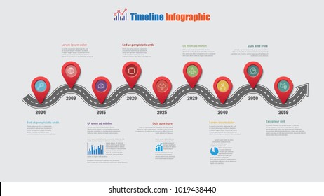 Road Map Business Timeline Infographic With 9 Step Pins Designed For Abstract Background Elements Diagram Planning Process Web Pages Digital Technology Data Presentation Chart. Vector Illustration