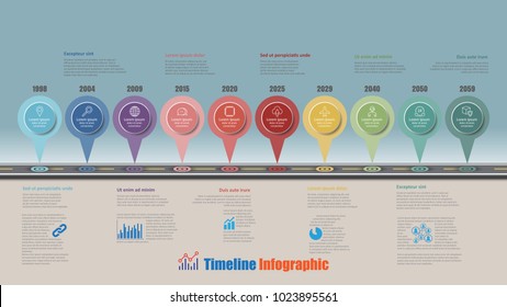 Road Map Business Timeline Infographic With 10 Step Pins Designed For Abstract Background Elements Diagram Planning Process Web Pages Digital Technology Data Presentation Chart. Vector Illustration