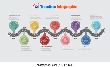 Road map business timeline infographic with 9 step pins designed for abstract background elements diagram planning process web pages digital technology data presentation chart. Vector illustration