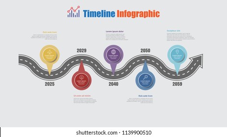 Road map business timeline infographic with 5 step pins designed for abstract background elements diagram planning process web pages digital technology data presentation chart. Vector illustration