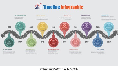 Road map business timeline infographic with 10 step pins designed for abstract background elements diagram planning process web pages digital technology data presentation chart. Vector illustration