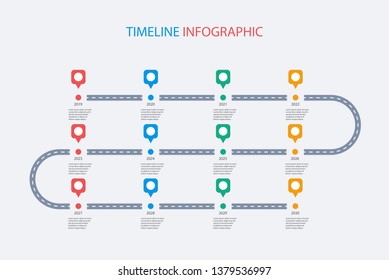 Road Map Business Timeline Infographic With 12 Step Pins. Can Be Used For Business Concept, Presentation, Web Design, Banners, Diagram, Workflow, Timeline. Vector Eps 10