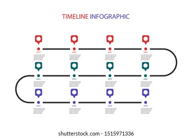 Road Map Business Timeline Infographic With 12 Step Pins. Can Be Used For Business Concept, Presentation, Web Design, Banners, Diagram, Workflow, Timeline. Vector Eps 10