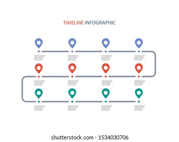 Road Map Business Timeline Infographic With 12 Step Pins. Can Be Used For Business Concept, Presentation, Web Design, Banners, Diagram, Workflow, Timeline. Vector Eps 10