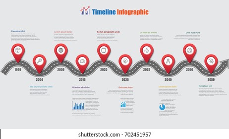 Road Map Business Timeline Infographic With 10 Step Pins Designed For Abstract Background Elements Diagram Planning Process Web Pages Digital Technology Data Presentation Chart. Vector Illustration