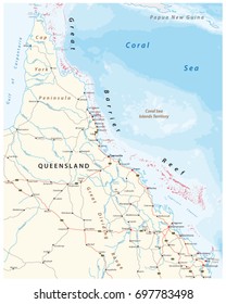 Road map of the cap york peninsula with the great barrier reef, Queensland, Australia