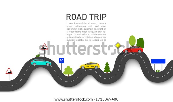 Road map with car location. Roadmap of trip or\
journey. Winding way race on highway with taxi. Infographic and\
guidance for summer transport tour. graphic background for travel\
info, business. Vector.